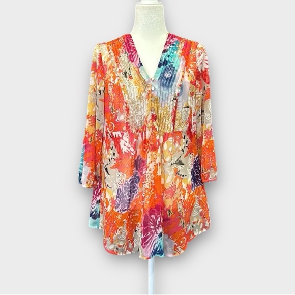 Tribal Women's Size 8 Vibrant Floral Tunic Top Pintuck Detail Lightweight Blouse - Picture 5 of 11